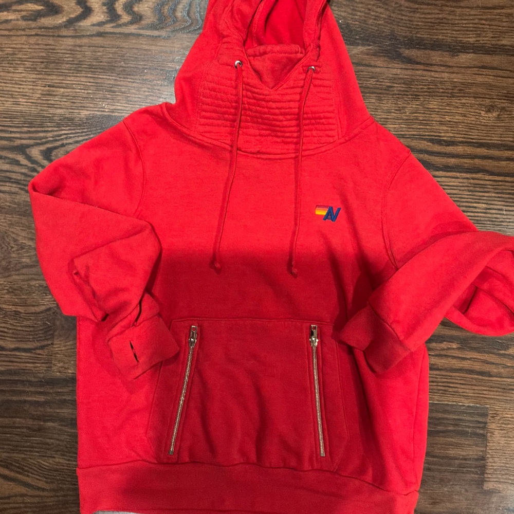 Aviator Nation Red Hooded Pullover Sweatshirt with Zip Pockets